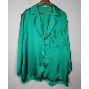 Free People Intimately Womens M Green Satin Button Pajama Sleep Shirt
